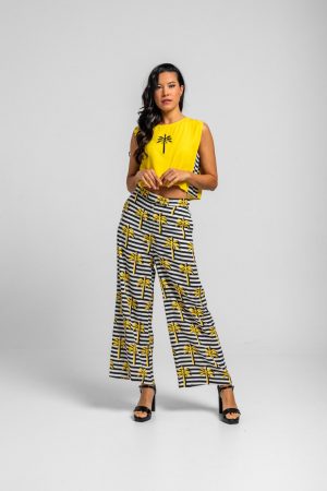Pantalón culotte de palmeras amarillas y raya blanca y negra - La Faraona